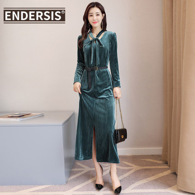 ENDERSIS连衣裙女中长款2018秋季清纯优雅蝴蝶结连衣裙圆领QQ818