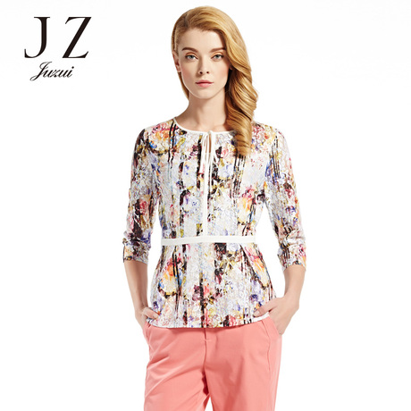 JUZUI/玖姿/2017旗舰店女秋装新修身复古微透圆领中袖上衣商品大图