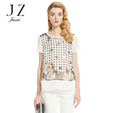 JUZUI/玖姿奥莱店店女夏装新抽象印花雪纺拼接短袖上衣图片