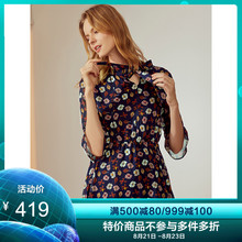 玖姿奥莱2019秋装新款蝴蝶结显瘦七分袖雪纺碎花时尚连衣裙