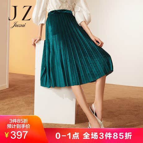 JUZUI/玖姿2018秋装松紧腰丝绒百褶裙女中长款半身裙商品大图