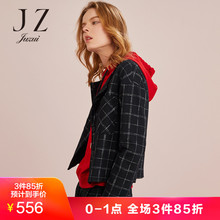 JUZUI/玖姿玖姿女装2018秋装新款暗扣羊毛格纹黑色短外套女图片