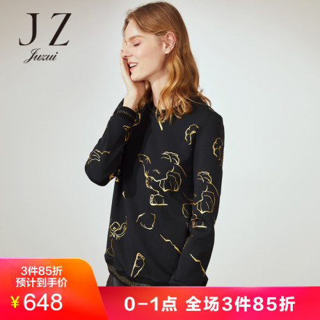 JUZUI/玖姿玖姿2018冬装加绒胶印亮丝混纺套头卫衣女上衣商品大图