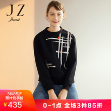 JUZUI/玖姿奥莱店2018秋装新款黑色胶印套头针织衫上衣女长袖图片