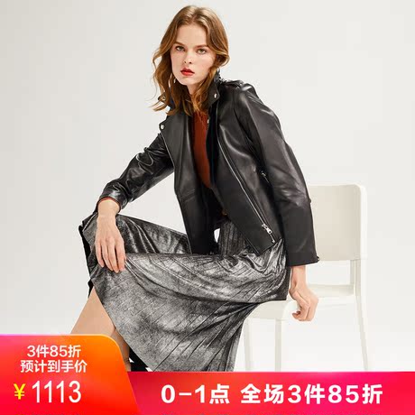 玖姿2018新款女装绵羊皮黑色机车皮衣皮夹克外套商品大图