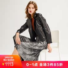 玖姿2018新款女装绵羊皮黑色机车皮衣皮夹克外套图片