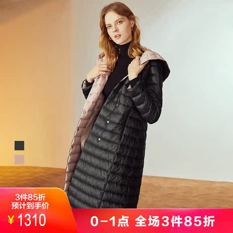JUZUI/玖姿奥莱店2018冬装新款暗扣连帽长款羽绒服女外套过膝商品大图