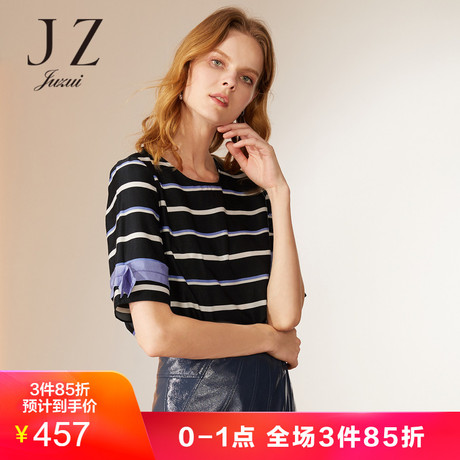 JUZUI/玖姿玖姿2018秋季新款圆领复古做旧条纹短袖上衣女商品大图