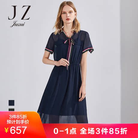 JUZUI/玖姿2018雪纺连衣裙收腰系带短袖女装长裙夏显瘦商品大图