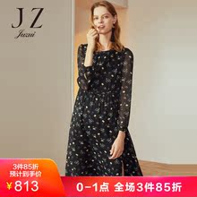JUZUI/玖姿奥莱2018冬装系带碎花印花中长款雪纺连衣裙女图片