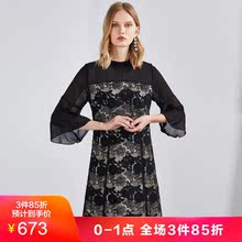 JUZUI/玖姿奥特莱斯店2018春装黑色拼接喇叭袖女装连衣裙图片