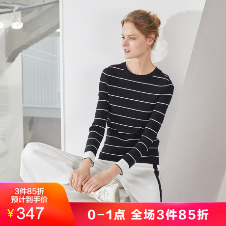 JUZUI/玖姿2018秋冬新款黑白撞色条纹针织女修身长袖打底毛衫商品大图