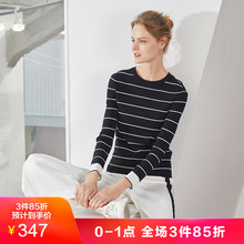 JUZUI/玖姿2018秋冬新款黑白撞色条纹针织女修身长袖打底毛衫图片