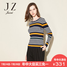JUZUI/玖姿2018秋季新款韩版毛衫女上衣长袖圆领条纹羊毛毛衣女图片