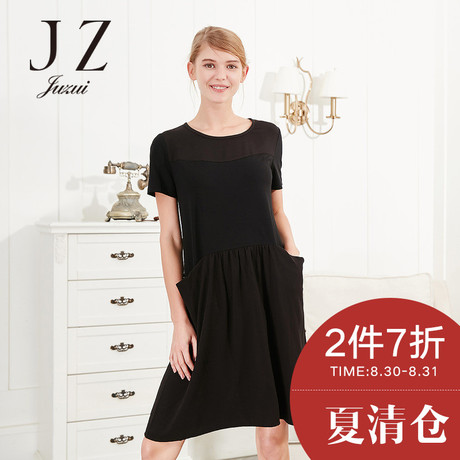 玖姿休闲纯色连衣裙 2017夏装旗舰店正品新款短袖弹性裙子商品大图