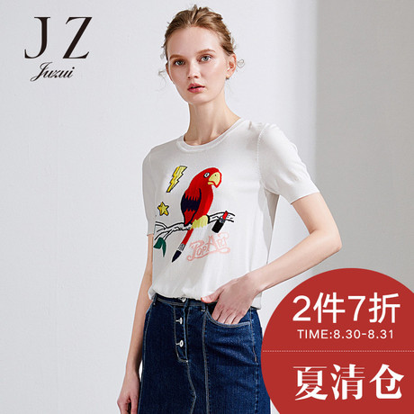 JUZUI/玖姿奥莱2018夏季新款短袖圆领上衣弹力套头针织衫女商品大图