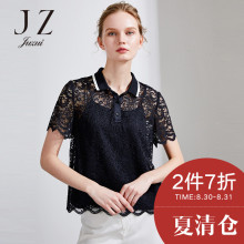JUZUI/玖姿2018夏装直筒短袖蕾丝镂空女装上衣POLO衫女夏T恤图片