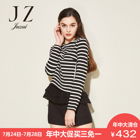 JUZUI/玖姿奥莱店2018秋装新款经典黑白撞色条纹针织衫商品大图