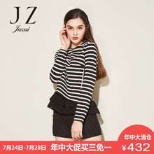 JUZUI/玖姿奥莱店2018秋装新款经典黑白撞色条纹针织衫图片