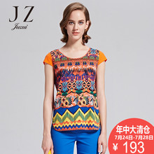 JUZUI/玖姿2018奥莱店女夏装新款修身复古印花小衫镂空半袖上衣图片