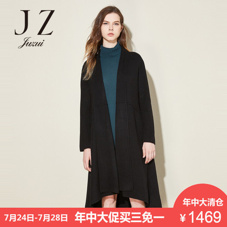 JUZUI/玖姿奥莱旗舰店2018冬装新款V领中长纯色毛呢大衣女商品大图