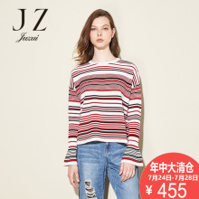 JUZUI/玖姿奥莱店条纹上衣2018秋装新款长袖圆领微喇袖口毛衫女图片