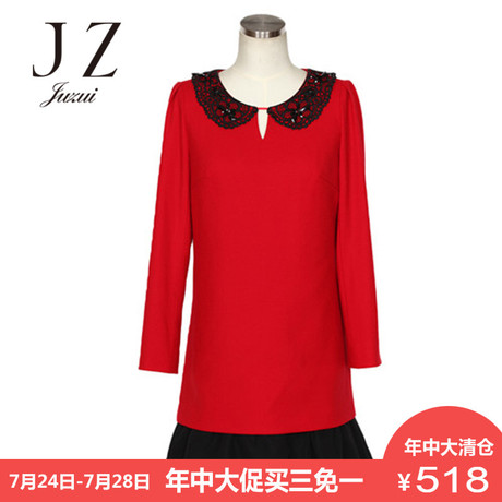 玖姿奥莱旗舰店2018冬装新款长袖红色中长直筒气质连衣裙女商品大图