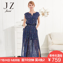 玖姿2018夏装新款长款半开V领印花飘逸中长雪纺连衣裙女图片