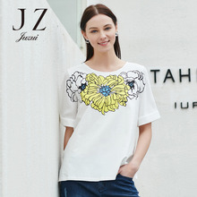 JUZUI/玖姿雪纺菊花印花t恤 2017夏旗舰店新款五分袖白t女图片