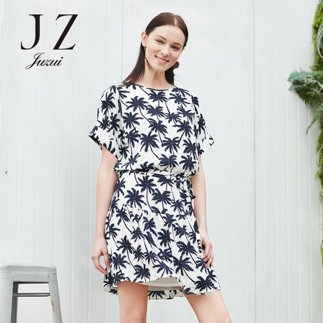 玖姿气质印花收腰显瘦短袖圆领连衣裙 2017夏季新款女装商品大图