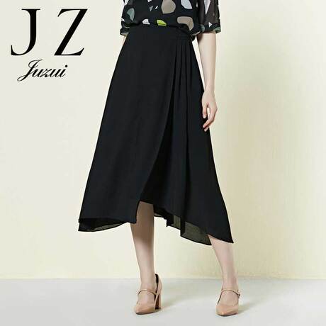 JUZUI/玖姿2018夏装新款黑色显瘦微透纱女装半身裙长裙商品大图
