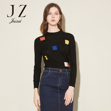 JUZUI/玖姿奥莱店2018秋装新款方格圆领修身气质毛衫针织衫女图片