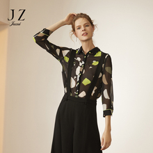 JUZUI/玖姿旗舰店2018春装微透长袖几何图形印花短款衬衫图片