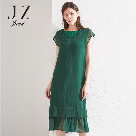 JUZUI/玖姿奥莱店连衣裙女短袖2018夏新款纯色中长款气质女裙商品大图