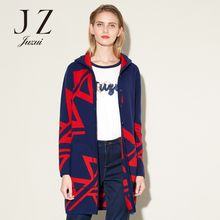 JUZUI玖姿奥莱开领女长袖外套中长款毛衫女印花2017新款毛衫图片