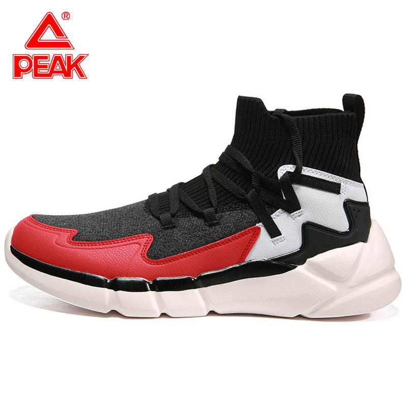 PEAK Men's Shoes High Top Socks, Red Black Casual Shoes, Korean Style, Versatile, Breathable Sports Shoes, Board Shoes