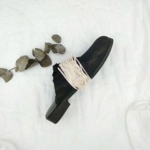 绑带软皮圆头粗跟手工鞋 套脚 GUIDIUMAWANG暗黑复古做旧ed蕾丝拖鞋