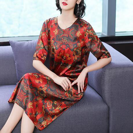 2019夏季新款重磅真丝香云纱连衣裙中长款妈妈装桑蚕丝大码商品大图