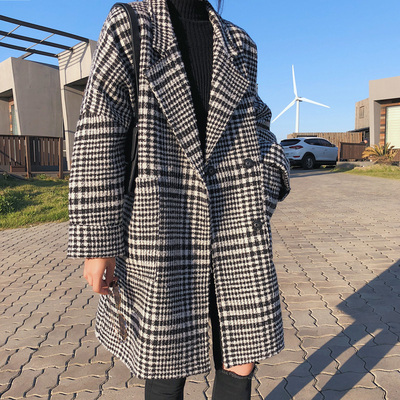 chic韩版宽松复古黑白格子毛呢外套女中长款格纹呢大衣学生冬装新