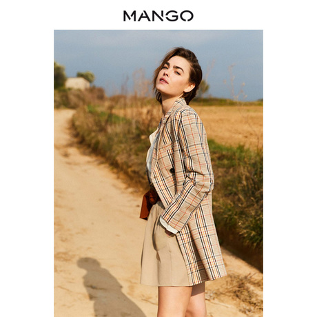 MANGO女装2018春夏棉质宽翻领双排扣格纹大衣 纽扣外套21085718商品大图
