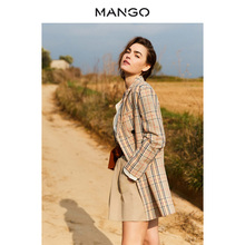 MANGO女装2018春夏棉质宽翻领双排扣格纹大衣 纽扣外套21085718图片