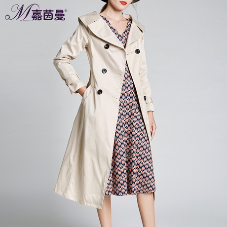 嘉茵曼风衣女中长款2018秋冬新款女英伦风一字领双排扣露肩纯色商品大图
