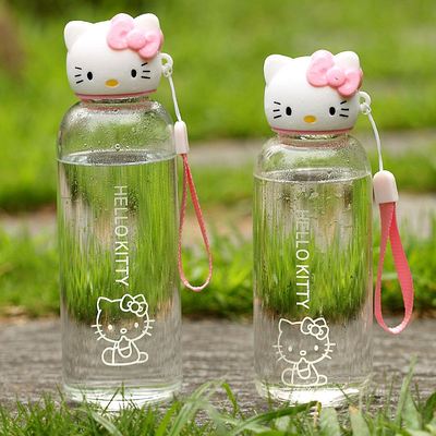 创意holle kitty卡通玻璃杯 男女可爱喝水杯子 学生透明便携杯子