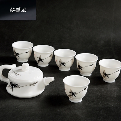 协龙腾手绘荷花玉瓷茶具整套功夫茶具套装中式茶壶家用功夫茶杯套
