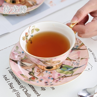 协龙腾田园风粉色花鸟欧式咖啡杯下午茶红茶骨瓷咖啡套装礼盒装