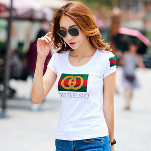 2019新款夏季烫钻半袖体恤汗衫修身显瘦女装欧货短袖t恤女上衣潮