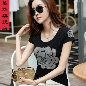 2019夏季新款女装韩版半袖体恤修身显瘦大码纯棉短袖T恤女烫钻