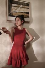 Meow Ji 喵吉复古露背收腰背心裙红裙礼服裙显瘦红色连衣裙女春夏