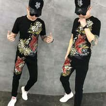 刺繡休閑套裝 兩件套韓版 2019夏季新款 男潮牌修身 短袖 社會精神小伙