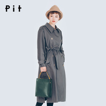 pit女装风衣女长款秋装新款韩版薄款韩版双排扣腰带装饰半开领图片